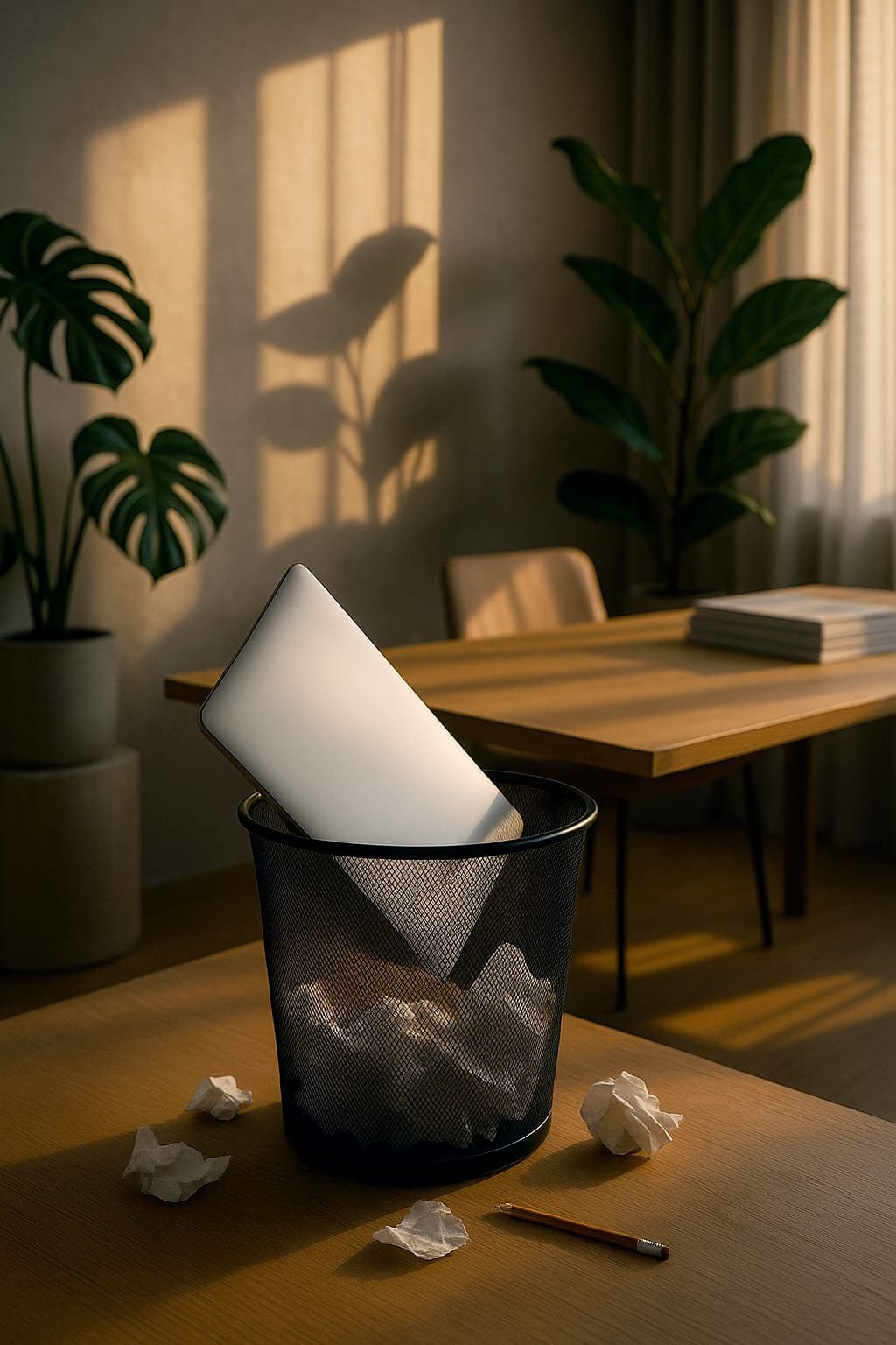 Corbeille à papier remplie de feuilles froissées dans un bureau ensoleillé