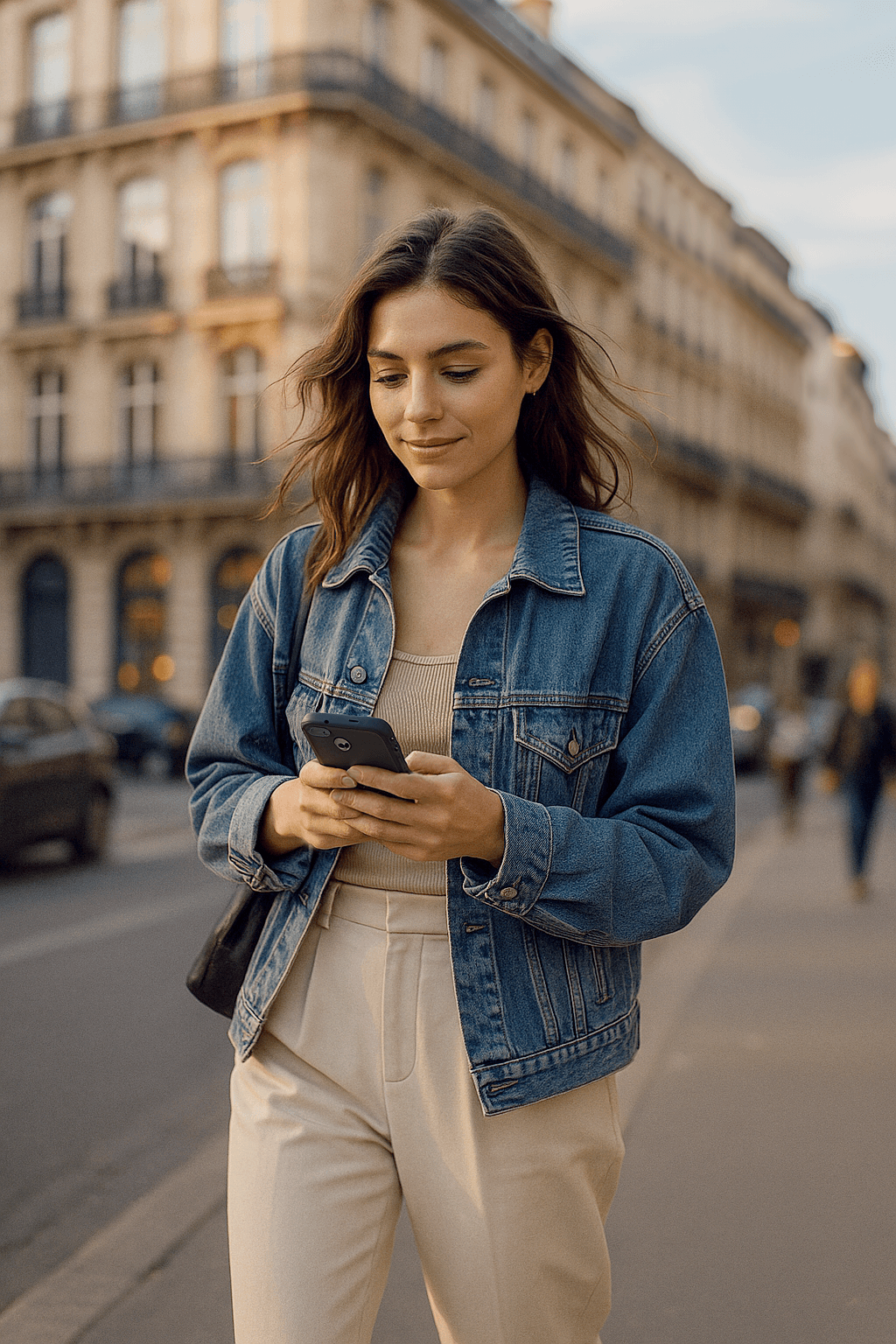 Jeune femme consultant son téléphone en marchant dans une rue
