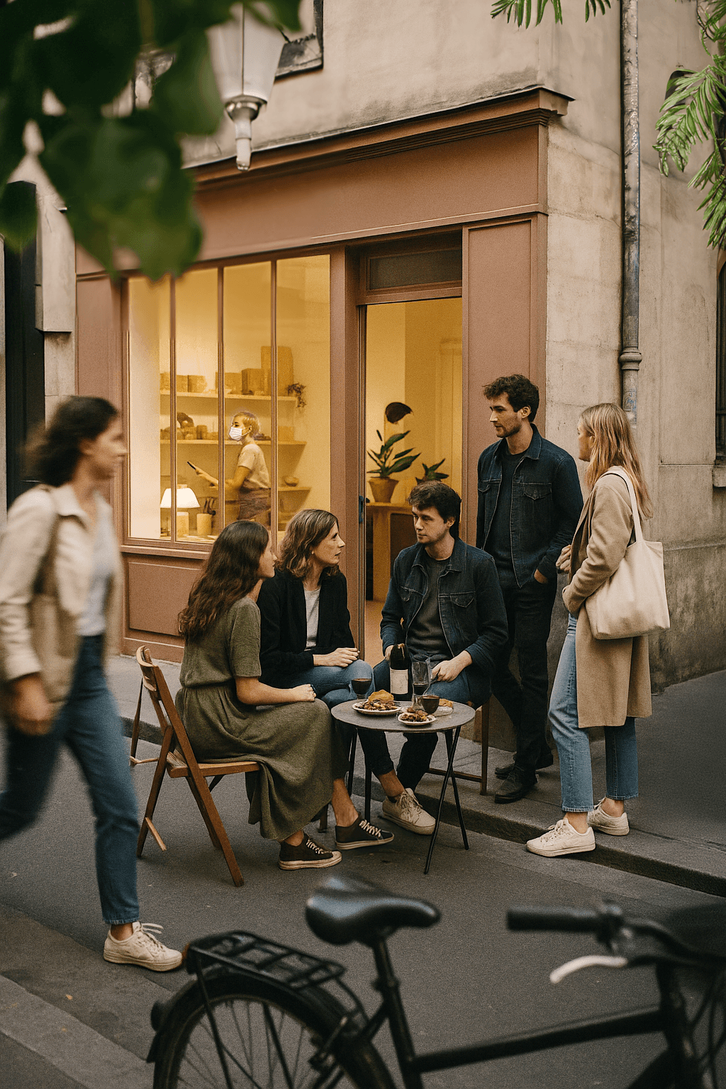 Groupe d’amis discutant en terrasse devant une boutique