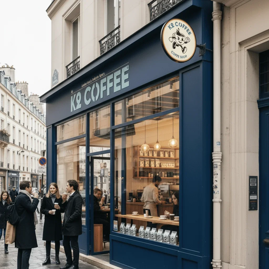 Devanture du café K2 Coffee, visuel réalisé par Athena Design